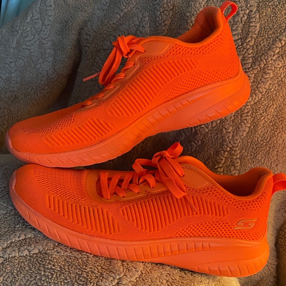 Skechers Women's Neon Orange Knit Lace-Up Athletic Sneakers